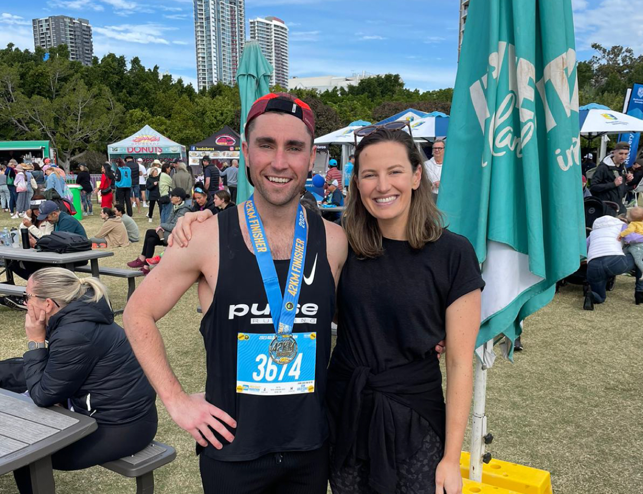 Ben and his wife Fi after completing his second Gold Coast marathon